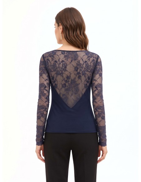 Top cintré en maille avec encolure ronde et manches en dentelle Rinascimento