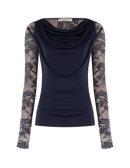 Top cintré en maille avec encolure ronde et manches en dentelle Rinascimento