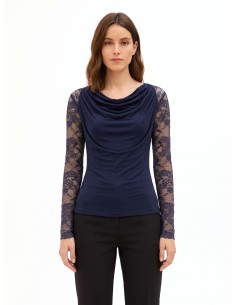 Getailleerde top van jersey met ronde hals en kanten mouwen Rinascimento