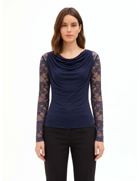 Top cintré en maille avec encolure ronde et manches en dentelle Rinascimento