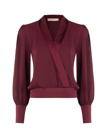 Blouse bouffante en georgette avec col à revers et maxi poignets en satin, Rinascimento