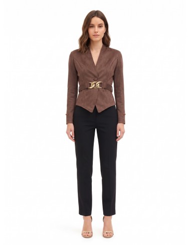 Veste blazer courte cintrée en simili-daim avec ceinture rigide assortie et boucle chaîne Rinascimento