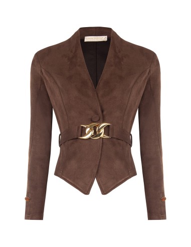Veste blazer courte cintrée en simili-daim avec ceinture rigide assortie et boucle chaîne Rinascimento
