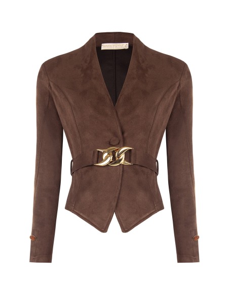 Veste blazer courte cintrée en simili-daim avec ceinture rigide assortie et boucle chaîne Rinascimento