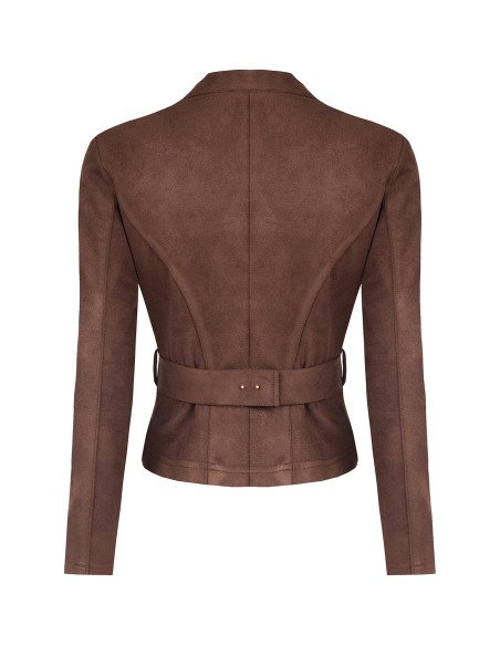 Veste blazer courte cintrée en simili-daim avec ceinture rigide assortie et boucle chaîne Rinascimento