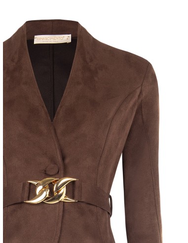 Veste blazer courte cintrée en simili-daim avec ceinture rigide assortie et boucle chaîne Rinascimento