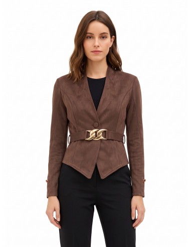 Veste blazer courte cintrée en simili-daim avec ceinture rigide assortie et boucle chaîne Rinascimento