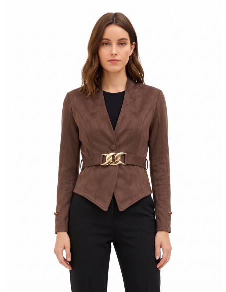 Veste blazer courte cintrée en simili-daim avec ceinture rigide assortie et boucle chaîne Rinascimento