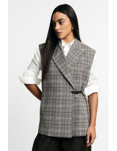Gilet à carreaux avec ceinture latérale et revers Plié