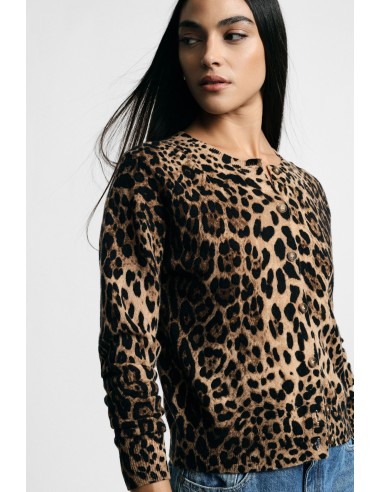Damesvest met dierenprint en knopen aan de voorkant.