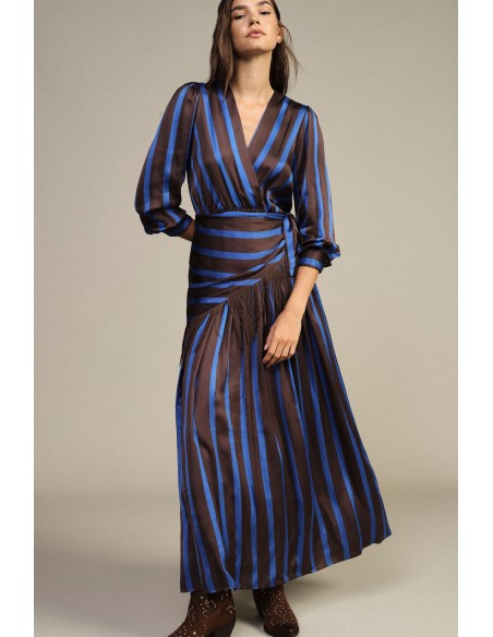 Robe longue à rayures avec col en V et franges Dixie