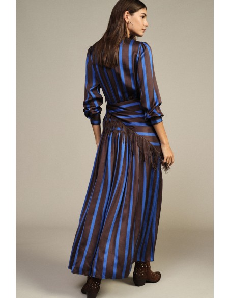 Robe longue à rayures avec col en V et franges Dixie