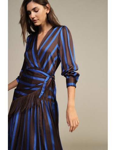 Robe longue à rayures avec col en V et franges Dixie
