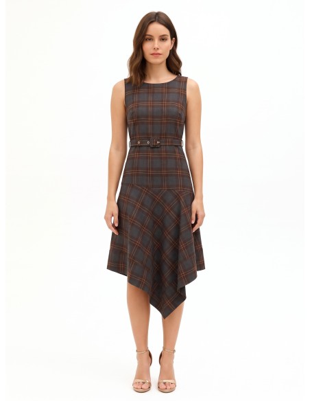 Robe midi à carreaux en polyviscose avec bas en pointe et ceinture rigide assortie Rinascimento