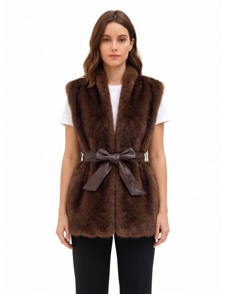 Gilet long ouvert en fausse fourrure avec ceinture assortie en similicuir Rinascimento