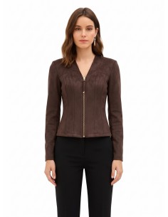 Veste courte cintrée en tissu imitation daim avec encolure en V et épaulettes Rinascimento