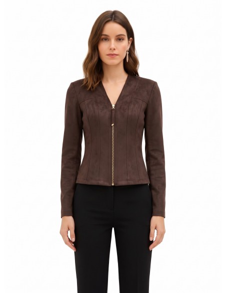Veste courte cintrée en tissu imitation daim avec encolure en V et épaulettes Rinascimento