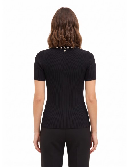 Pull polo côtier en viscose mélangée avec cristaux cabochons Rinascimento