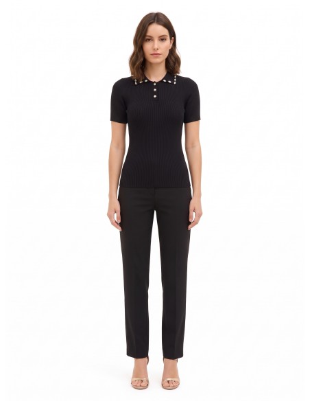 Pull polo côtier en viscose mélangée avec cristaux cabochons Rinascimento