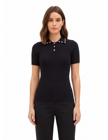 Pull polo côtier en viscose mélangée avec cristaux cabochons Rinascimento