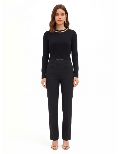 Cropped trui van viscosemix met cabochonkristallen langs de ronde hals Rinascimento