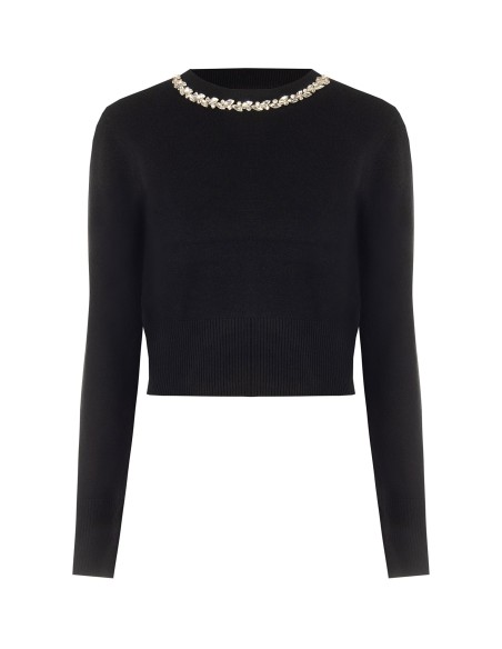 Pull crop en viscose mélangée avec cristaux cabochons sur l’encolure ronde Rinascimento