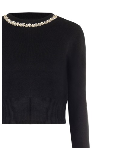 Cropped trui van viscosemix met cabochonkristallen langs de ronde hals Rinascimento