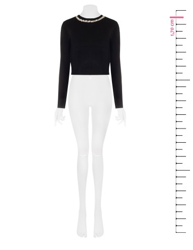 Pull crop en viscose mélangée avec cristaux cabochons sur l’encolure ronde Rinascimento