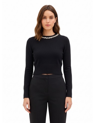 Pull crop en viscose mélangée avec cristaux cabochons sur l’encolure ronde Rinascimento