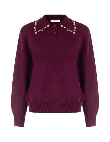 Pull ample style polo en mélange de viscose avec cristaux cabochons sur le col Rinascimento