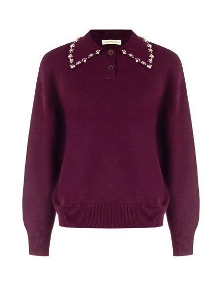 Pull ample style polo en mélange de viscose avec cristaux cabochons sur le col Rinascimento