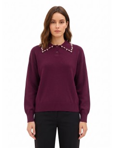 Pull ample style polo en mélange de viscose avec cristaux cabochons sur le col Rinascimento