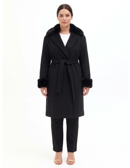 Manteau long grande taille en drap avec poignets et col en fausse fourrure amovibles Rinascimento Curvy