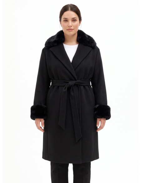 Manteau long grande taille en drap avec poignets et col en fausse fourrure amovibles Rinascimento Curvy