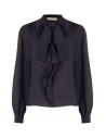 Soepelvallende blouse van lyocell met V-hals en volant Rinascimento