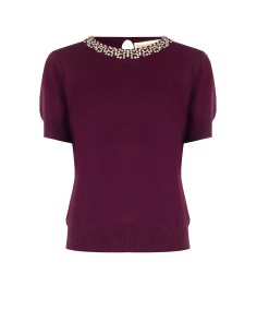 Pull à manches courtes en mélange de viscose avec cristaux cabochon Rinascimento