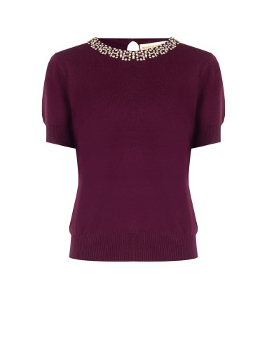 Pull à manches courtes en mélange de viscose avec cristaux cabochon Rinascimento