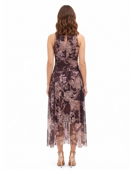 Robe longue en chiffon imprimé avec nœud et taille plissée Rinascimento