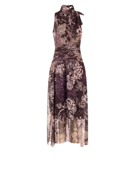 Robe longue en chiffon imprimé avec nœud et taille plissée Rinascimento