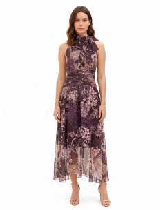 Lange jurk van bedrukte chiffon met strik en geplooide taille Rinascimento