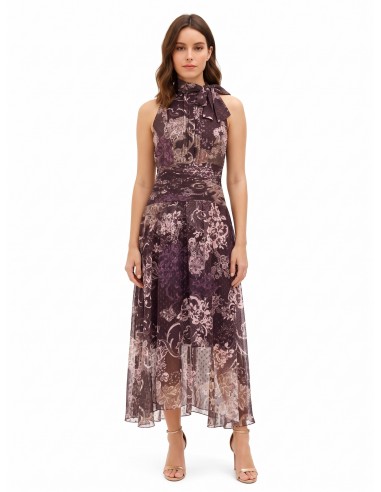 Robe longue en chiffon imprimé avec nœud et taille plissée Rinascimento
