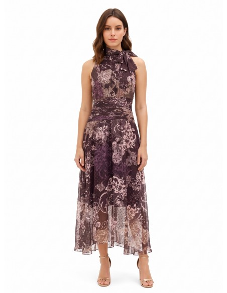 Robe longue en chiffon imprimé avec nœud et taille plissée Rinascimento