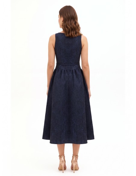 Robe midi en tissu jacquard gaufré avec lurex et jupe corolle Rinascimento