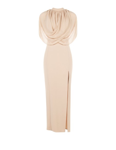 Robe longue fourreau en scuba crêpe avec drapé en georgette Rinascimento