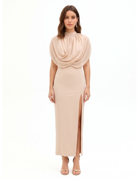 Robe longue fourreau en scuba crêpe avec drapé en georgette Rinascimento
