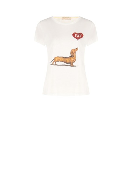 T-shirt regular en coton avec imprimé teckel, cœur et strass Rinascimento