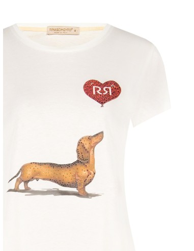 T-shirt regular en coton avec imprimé teckel, cœur et strass Rinascimento