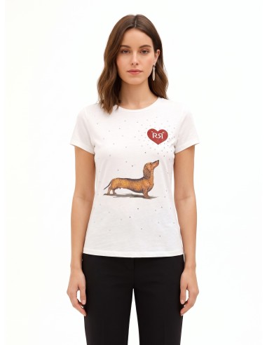 T-shirt regular en coton avec imprimé teckel, cœur et strass Rinascimento
