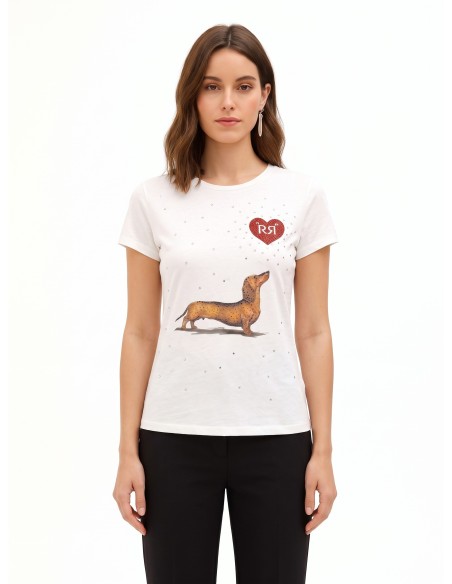 T-shirt regular en coton avec imprimé teckel, cœur et strass Rinascimento
