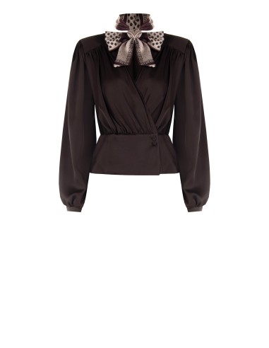Blouse portefeuille en satin avec col en V et foulard amovible orné du logo Rinascimento